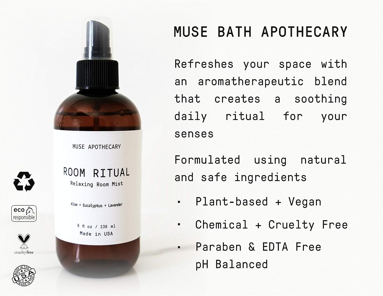 Muse Bath Apothecary Room Ritual - Aromatic and Relaxing Room Mist, 8 oz, Infused with Natural Essential Oils - Aloe + Eucalyptus + Lavender: Beauty