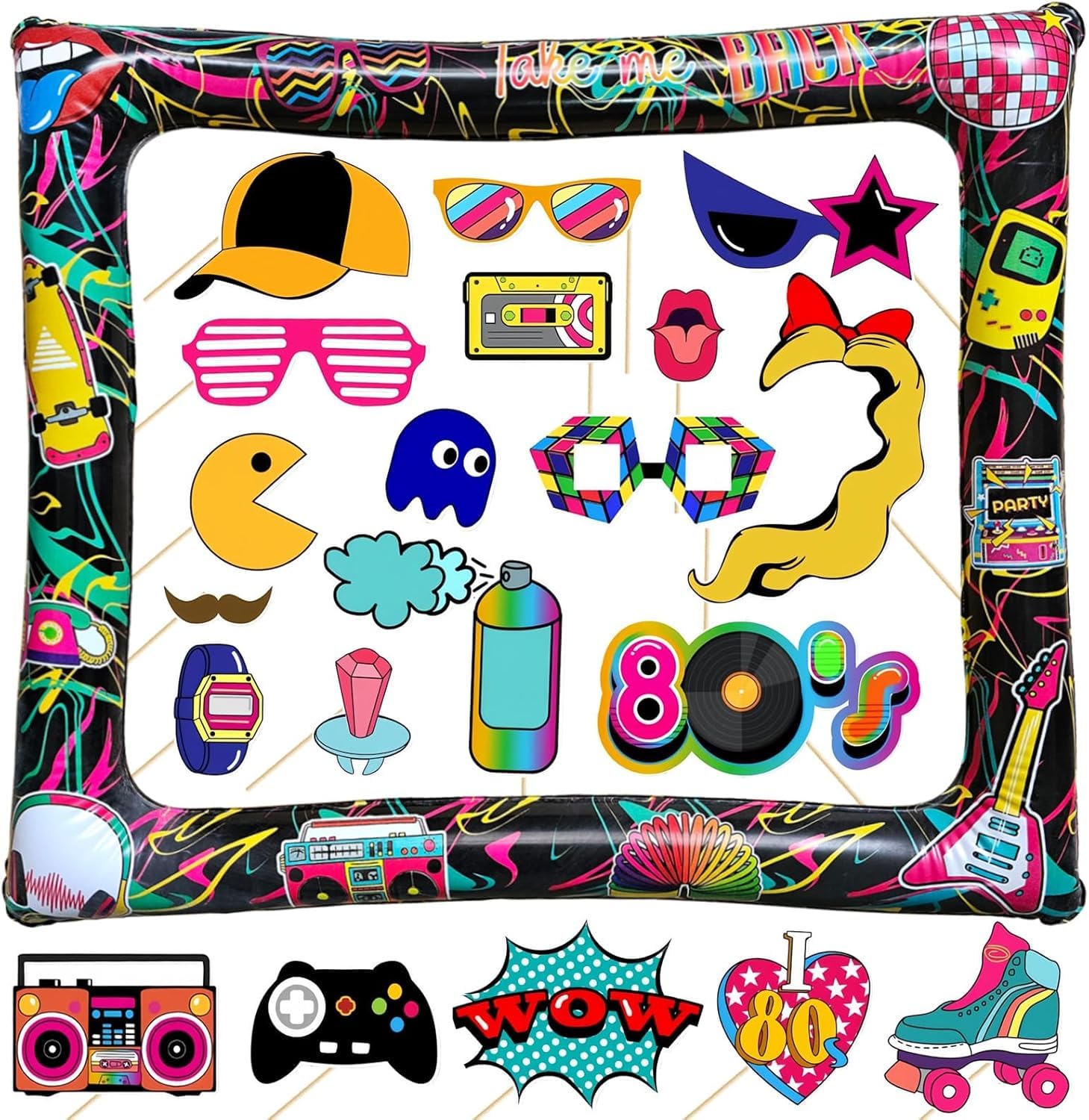 Inflatable 80s Photo Booth Prop Retro Party Inflatable Selfie Frame with 21Pcs 80s Booth Props,Giant Inflatable Frame Blow Up for 1980s Party,Hippie Disco Decorations