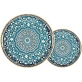 Serving Trays Set of 2, Decorative Plastic Serving Trays with Handles, 15" & 13" Round Tray Party Tray for Food, Coffee Table, Ottoman, Bathroom, and Living Room (Round Blue Green)