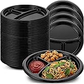 Umigy 100 Pcs 10 Inch 3 Compartments Divided Plastic Plates Bulk Colorful Disposable Heavy Duty Round Dinnerware for Valentine Wedding Birthday Party (Black)