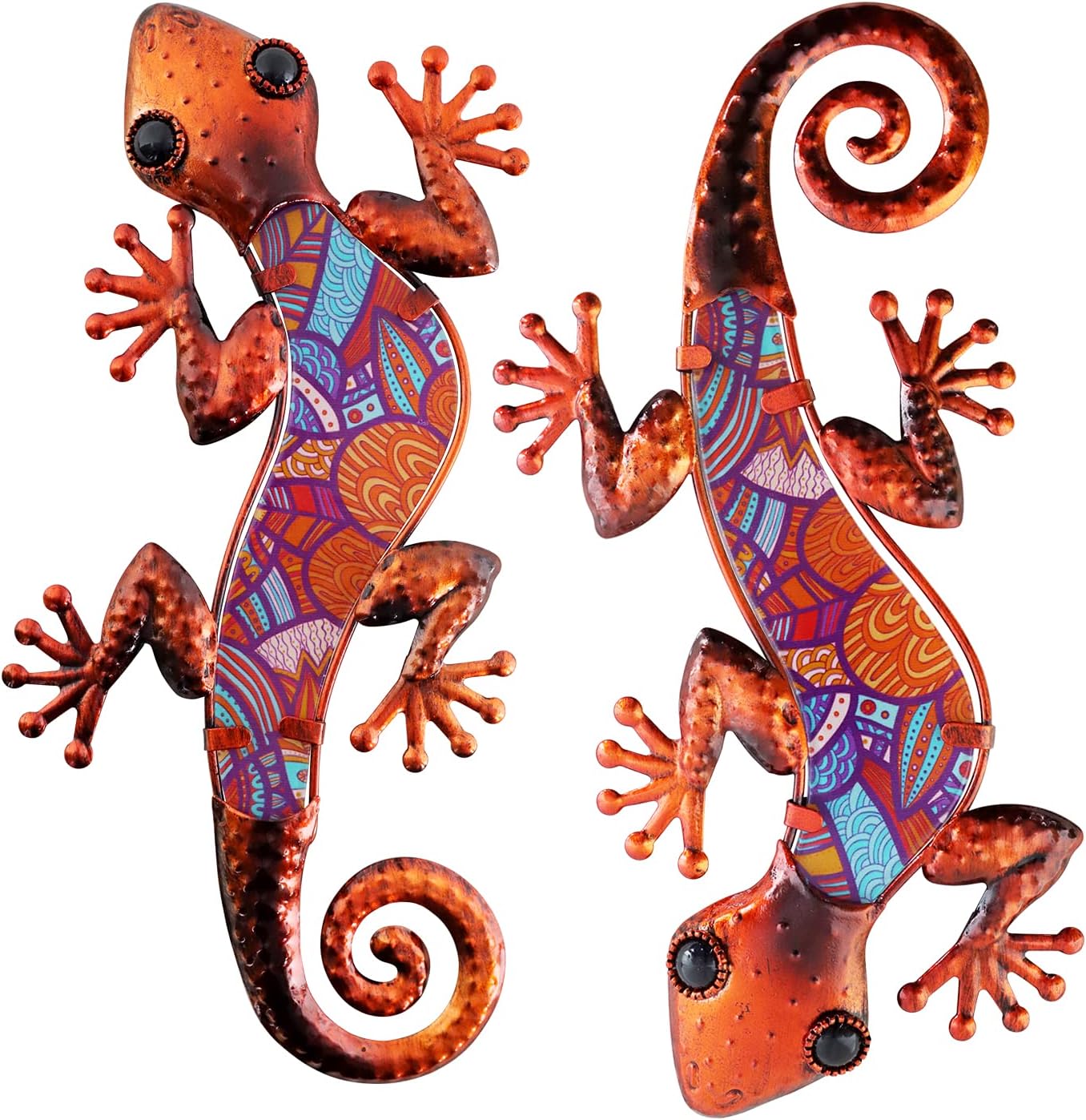 Plaques & Wall Art - HONGLAND 2Pcs Metal Gecko Wall Decor Lizard Garden Art Color Hanging Glass Sculpture for Indoor Outdoor Patio Fence (Red)