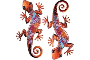 HONGLAND 2Pcs Metal Gecko Wall Decor Lizard Garden Art Color Hanging Glass Sculpture for Indoor Outdoor Patio Fence (Red)