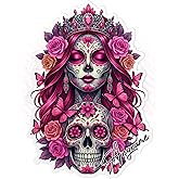 Custom Woman Sugar Skull Mexico Mexican Vintage Name Sticker Personalized Sugar Skull Waterproof Vinyl Stickers for Laptop, Water Bottle, Scrapbook, Luggage, Funny Cute Aesthetic Decor Gifts