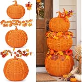 24'' Large Stackable Pumpkins Wicker Pumpkin with LED Lights for Porch | Large Wicker Pumpkin Lighted Rattan Fall Decorations with Maple Leave for Thanksgiving Autumn Halloween Door Yard Decor