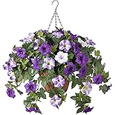 Ammyoo Artificial Hanging Fake Flowers with Basket Plants for Outdoor Decoration, Faux Silk Flower UV Resistant Morning Glory for Home Porch Patio Garden Balcony Yard Look Real (Purple White)