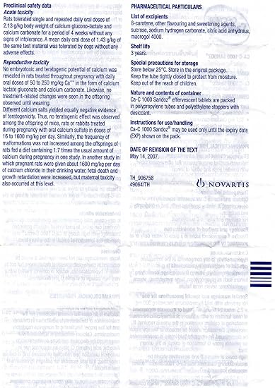 Amazon.com: Ca-C 1000 Sandoz Effervescent (10 Orange Flavor Tablets) Calcium 260 mg + Vitamin C 1000 mg Are Essential Especially in Development of Healthy ...