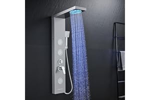 ROVATE LED Shower Panel Tower System with Rainfall and Mist Shower Head, 5-in-1 Shower Panels with Jets and Rainfall and Handheld, Stainless Steel Shower Panel System High Pressure with Tub Spout