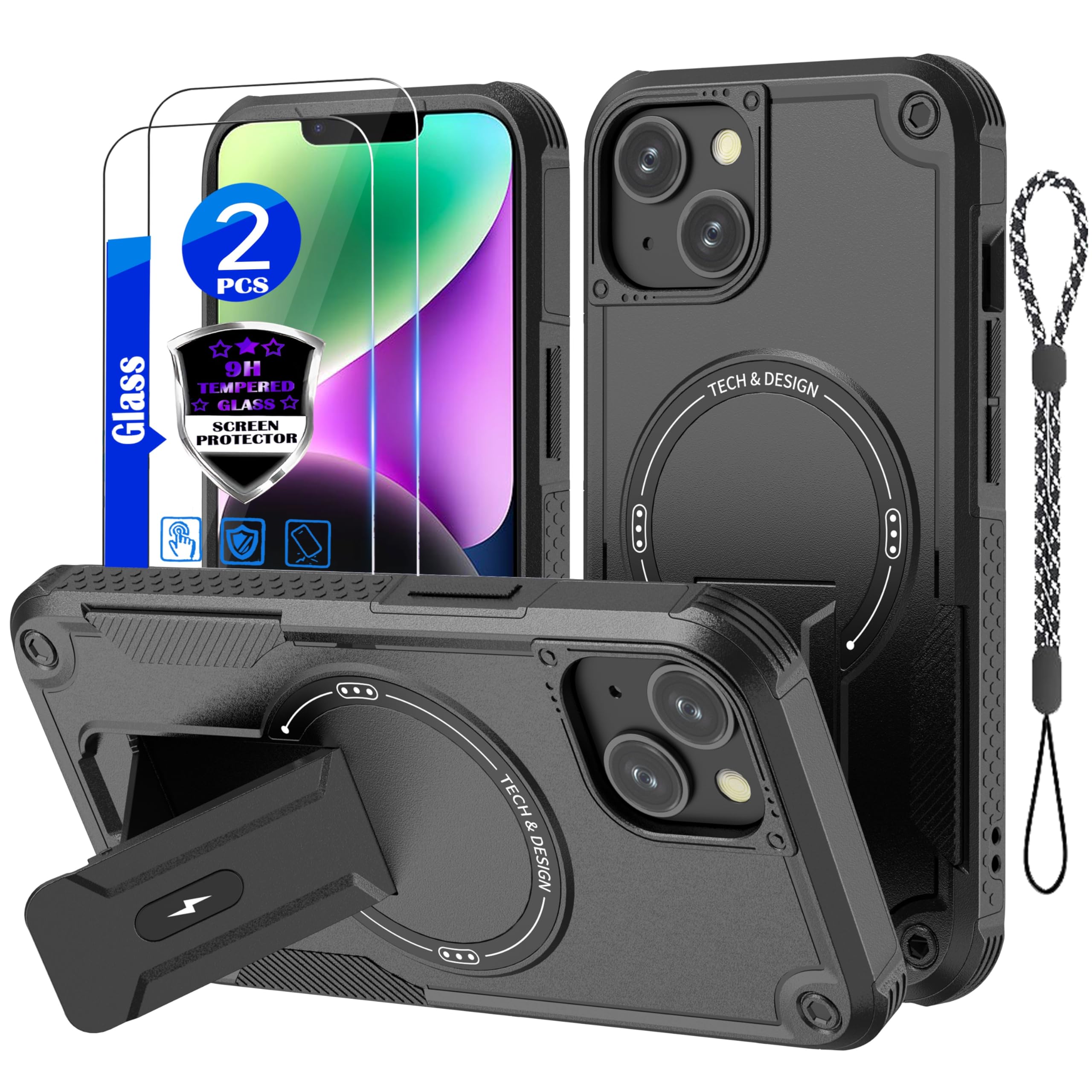 for iPhone 13 case/iPhone 14 case[Compatible with MagSafe][with 2*9H Tempered Glass Screen Protector], Built in Invisible Stand, Not fading，Shockproof Protective Phone Cover 6.1-inch(Black)