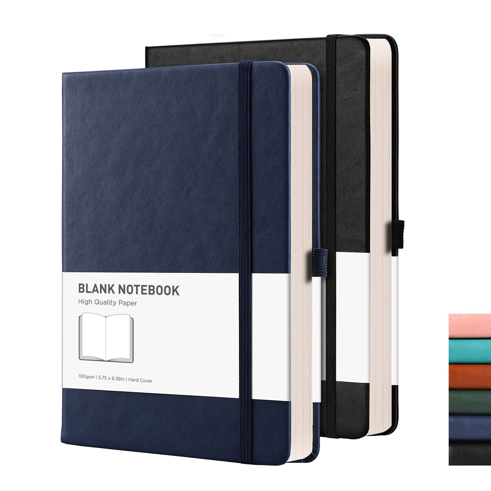 RETTACY Blank Notebook A5 Plain Notebook 2 Pack - 384 Pages Unlined Notebook with 100gsm Blank Paper, Pen Holder, Inner Pocket, for Sketch School Women Men 14.5 x 21cm - Black Blue