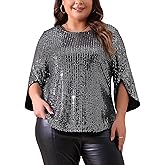 Agnes Orinda Plus Size Tops for Women 2025 Glitter 3/4 Slit Sleeve Crew Neck Shimmer Sparkle Sequin Party Blouse Tops