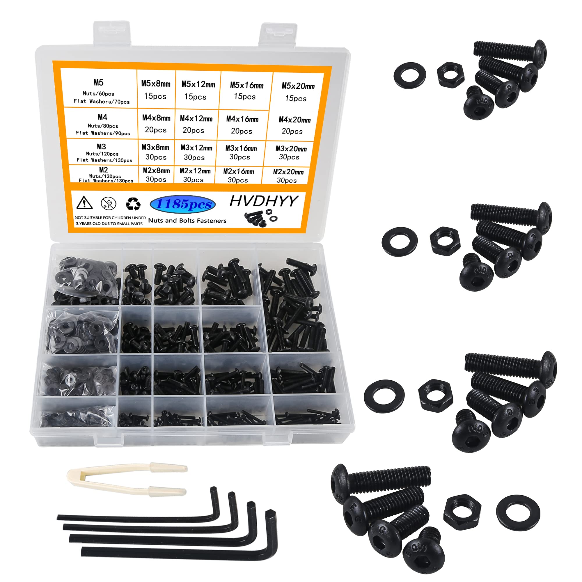 HVDHYY 1180pcs Nut and Bolt set M2 M3 M4 M5 Round Head Machine Screws & Nuts & Washers Black Assortment kit Hex Socket Button with a Reusable Storage Box (4 Hex Wrenches)