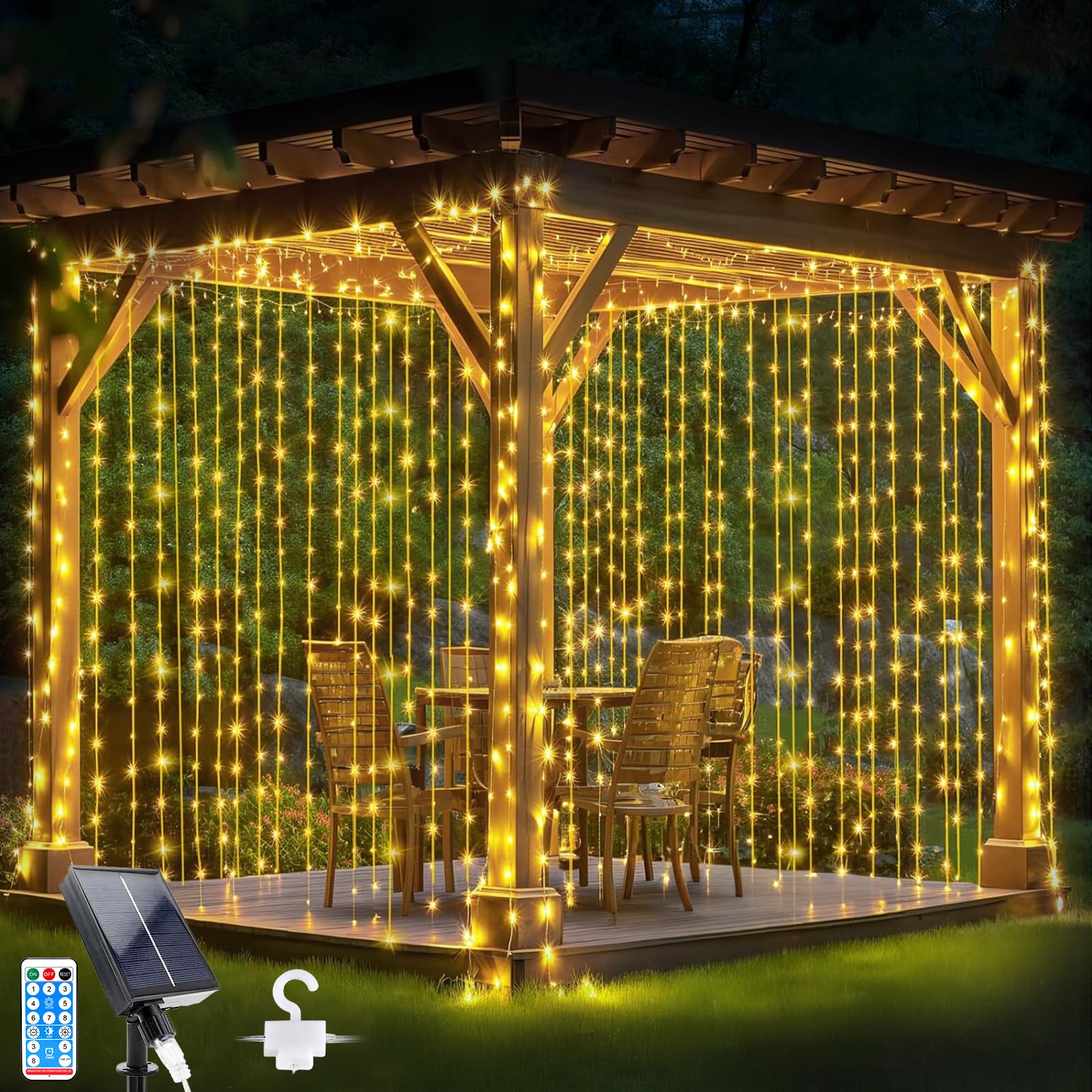 Glaxcidy LED Fairy Curtain Lights, 3M x 3M 304 LEDs Solar Powered Outdoor Window String Lights with Remote, Waterproof Christmas Lights for Bedroom/Wedding/Party/DIY/Decorations (Warm White)