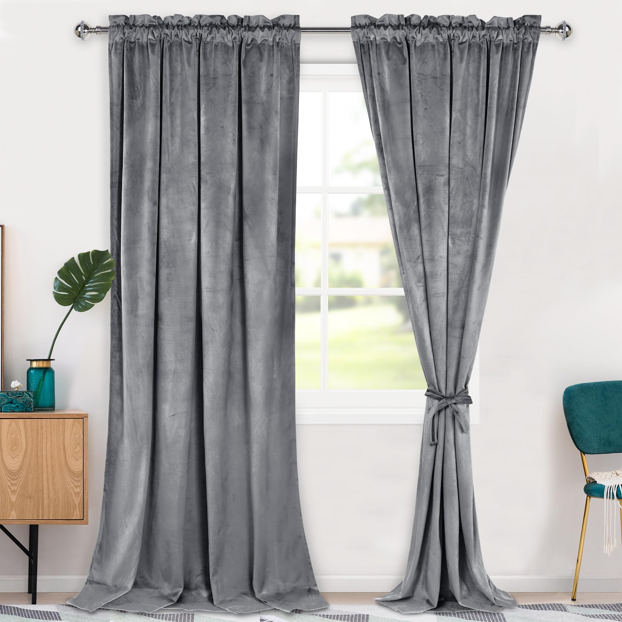 Photo 1 of Hiasan Grey Velvet Curtains 96 inches-Blackout Thermal Insulated Solid Soft Curtains for Bedroom Living Room Rod Pocket Room Darkening 2 Panels Window Drapes with Tiebacks, 52W x 96L