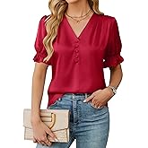 BMJL Women's Dressy Casual Satin V Neck Short Sleeve Blouse
