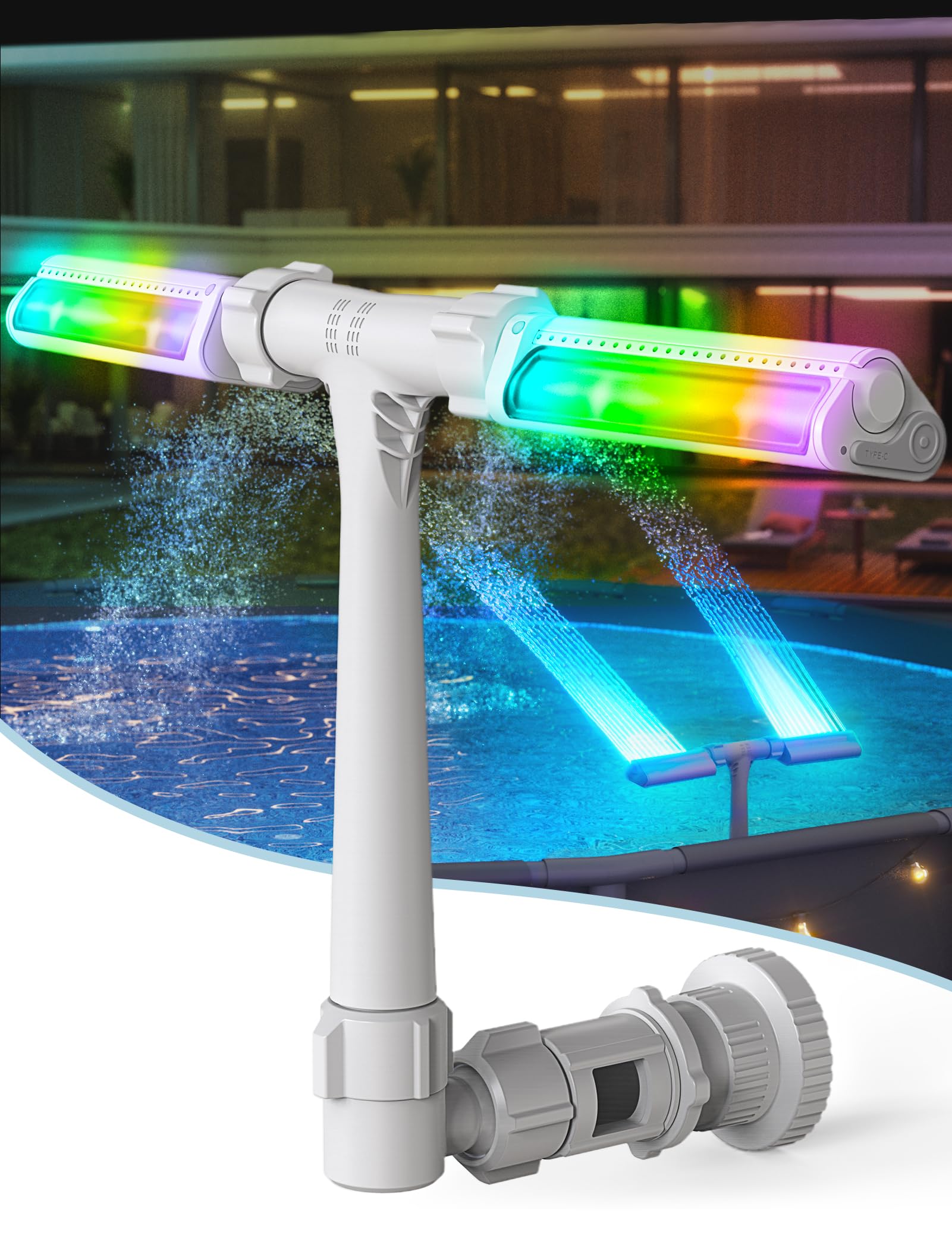 Photo 1 of POOLHACKER Pool Fountain with 7-Color LED Lights, Above/Inground Pool Fountain Lights with Remote Control, Adjustable Pool Sprinkler Fountain with Dual Spray Heads, Above Ground Pool Cooling System