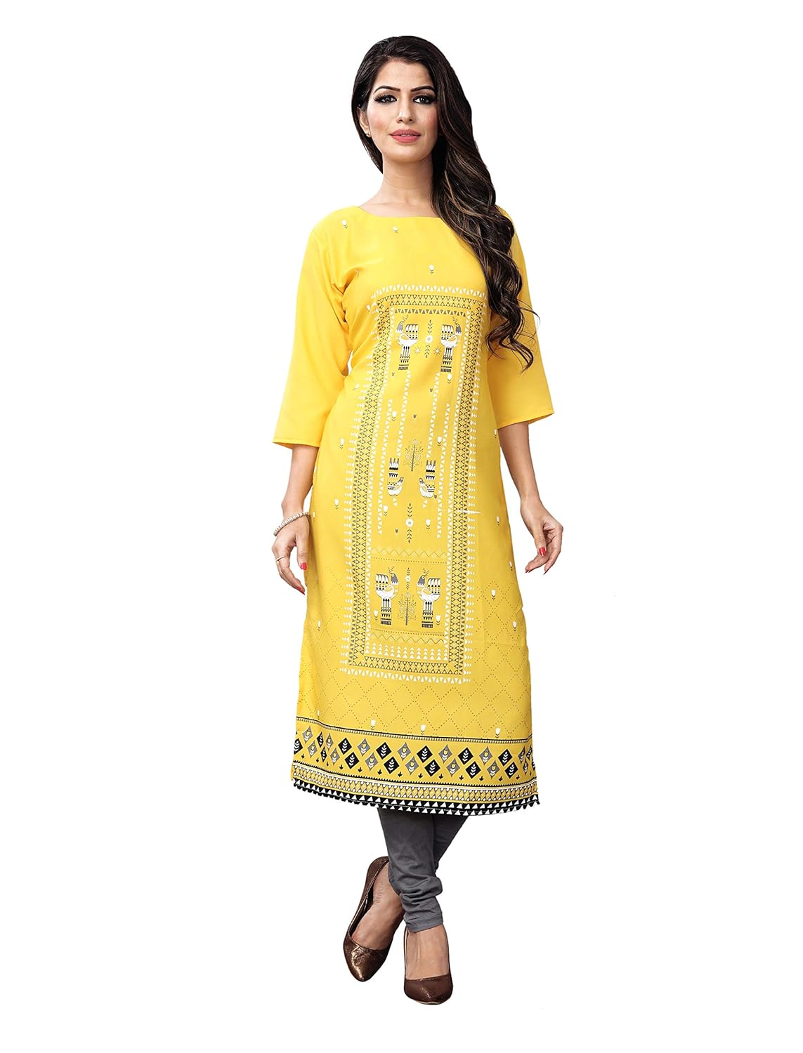 1 stop fashion women's yellow heavy crepe knee long straight kurti