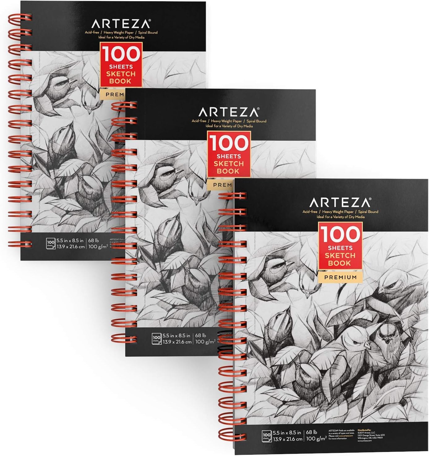 ARTEZA Sketch Book, 5.5 x 8.5 Inches, 3 Pack, 100 Sheets Each, Spiral-Bound 100 GSM Drawing Paper, Art Supplies for Graphite Pencil, Colored Pencil, Charcoal, & Soft Pastel: Home & Kitchen