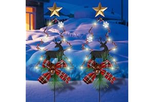 MorTime 2 Pack Solar Lighted Christmas Garden Stake Lights, 33in LED Christmas Tree Yard Stakes for Christmas Outdoor Garden Lawn Pathway Decoration