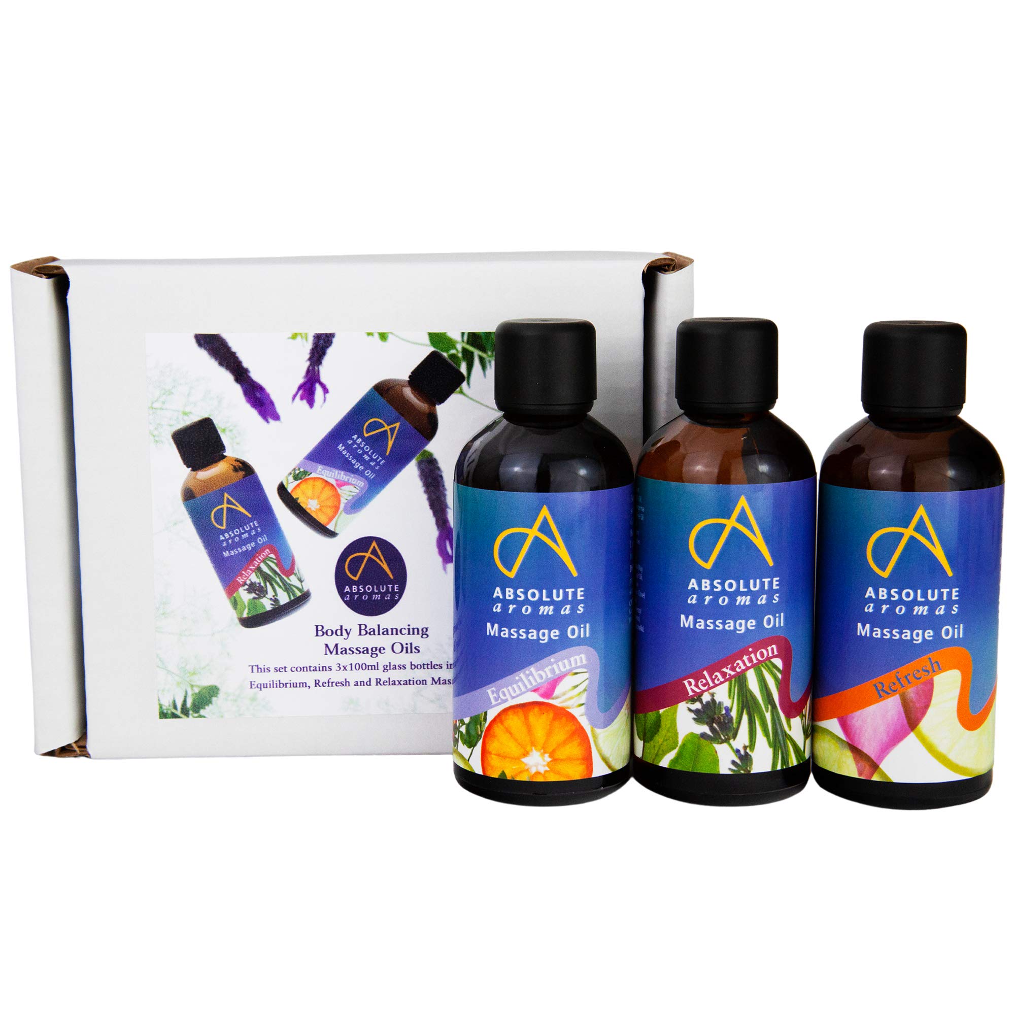 Absolute Aromas Balancing Bath & Massage Oil - 3 x 100ml in Glass Bottles - Equilibrium, Relaxation and Refresh Massage Oils
