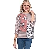 MULTIPLES Women's Three Quarters Sleeves Band Neck Collar Block Top