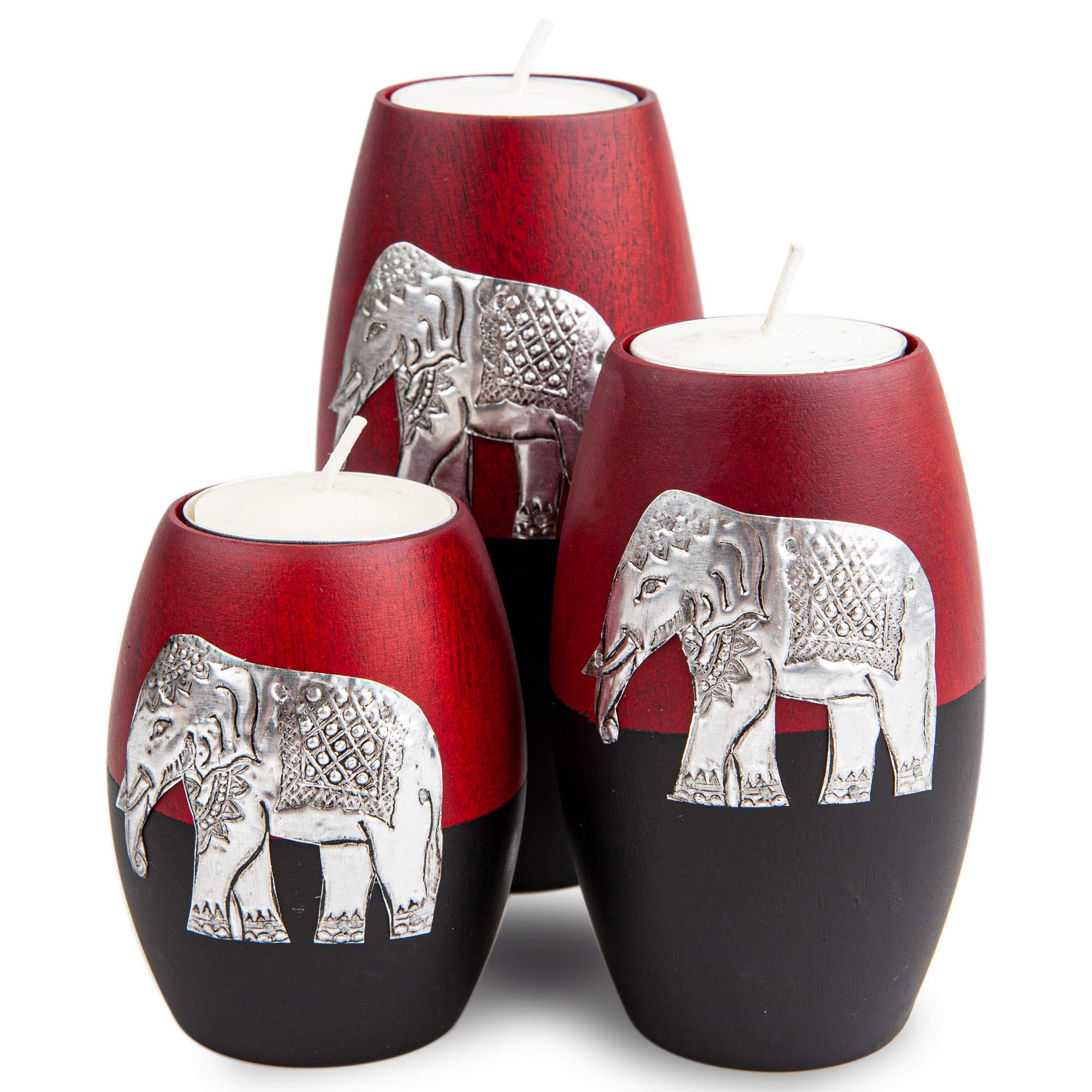 IYARA CRAFT 3 Wooden Candle Holders– Decorative Candle Holders with Inlaid Aluminium Antique Elephant – Intricate Details – Matte Wood Finish – Ideal for Modern & Rustic Settings (Rugby Shape)