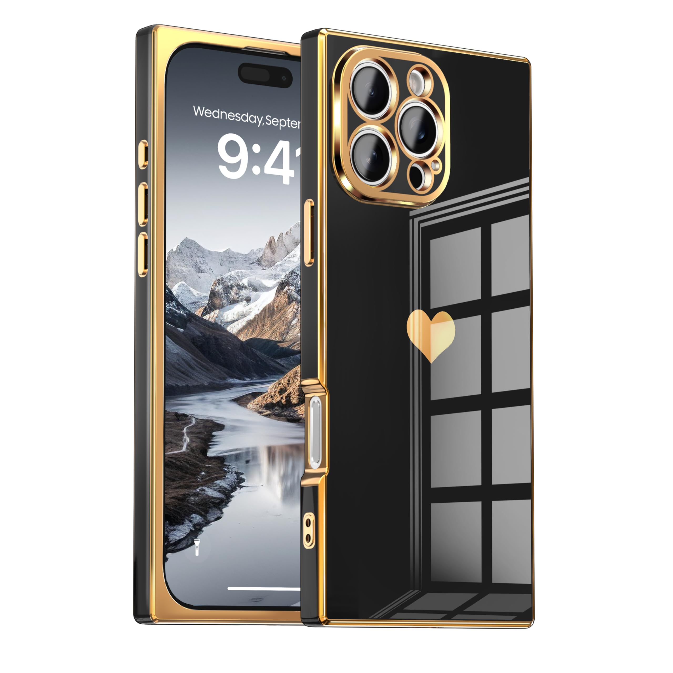 Photo 1 of IAIYOXI Case for iPhone 14 Pro Max - Rectangle Design, Full Camera Protection, Cute Heart Pattern, Electroplated Reinforced Corners, Shockproof Edge Bumper,Compatible with iPhone 14 Pro Max,Black