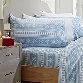 Market & Place 100% Cotton King Flannel Sheet Set | 4 Piece Deep Pocket Novelty Cozy Winter Bed Sheets | Double Brushed for Extra Softness & Comfort | Alpine Collection (King, Striped Snowflake)