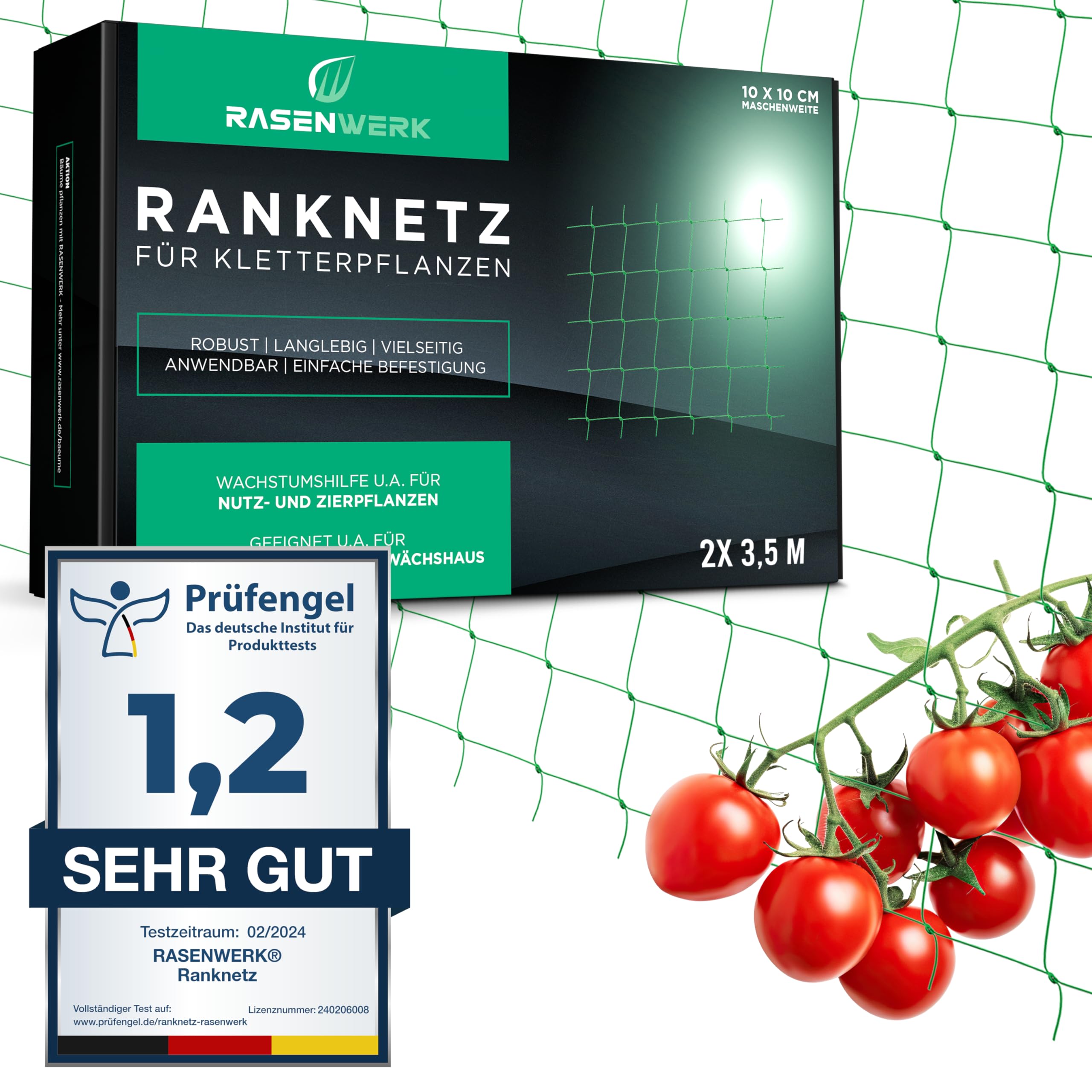 RASENWERK® - climbing net 2x3,5m climbing aid with large meshes - Perfect for cucumbers, tomatoes and climbing plants - Ideal for greenhouse - plant net, plant holder, climbing net green - 2m x 3,5m