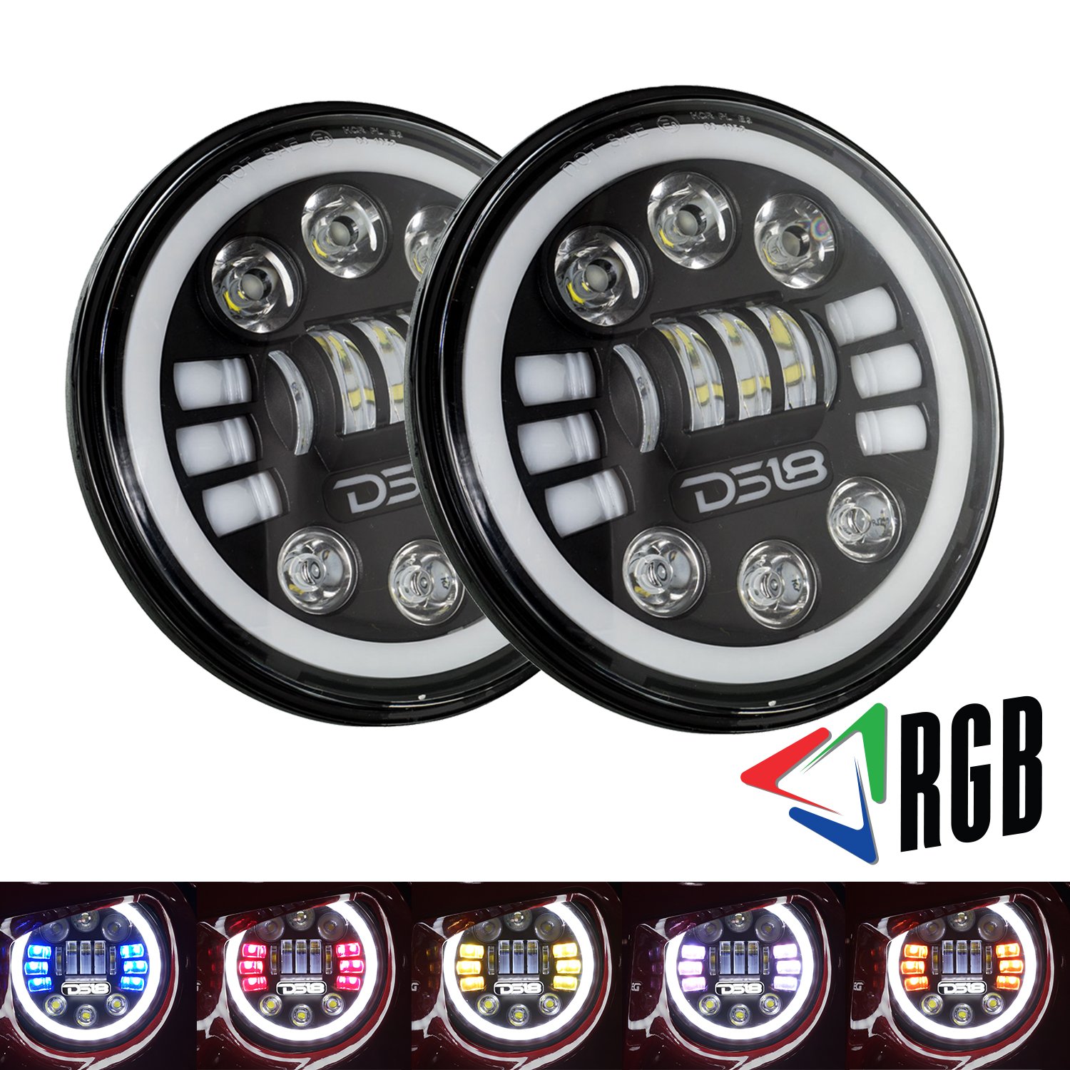 DS18 JHHL 7" LED RGB Headlight Bulb with White Halo Angel Eye Ring For  1997-2018 Jeep Wrangler, JK, LJ, CJ, Sahara Sport Rubicon, Hummer H1, H2,  ...