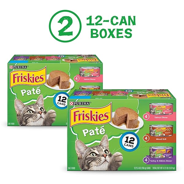 PURINA FRISKIES WET CAT FOOD PATE VARIETY PACK SALMON DINNER, TURKEY AND GIBLETS DINNER AND MIXED GRILL – (2 PACKS OF 12) 5.5 OZ. CANS