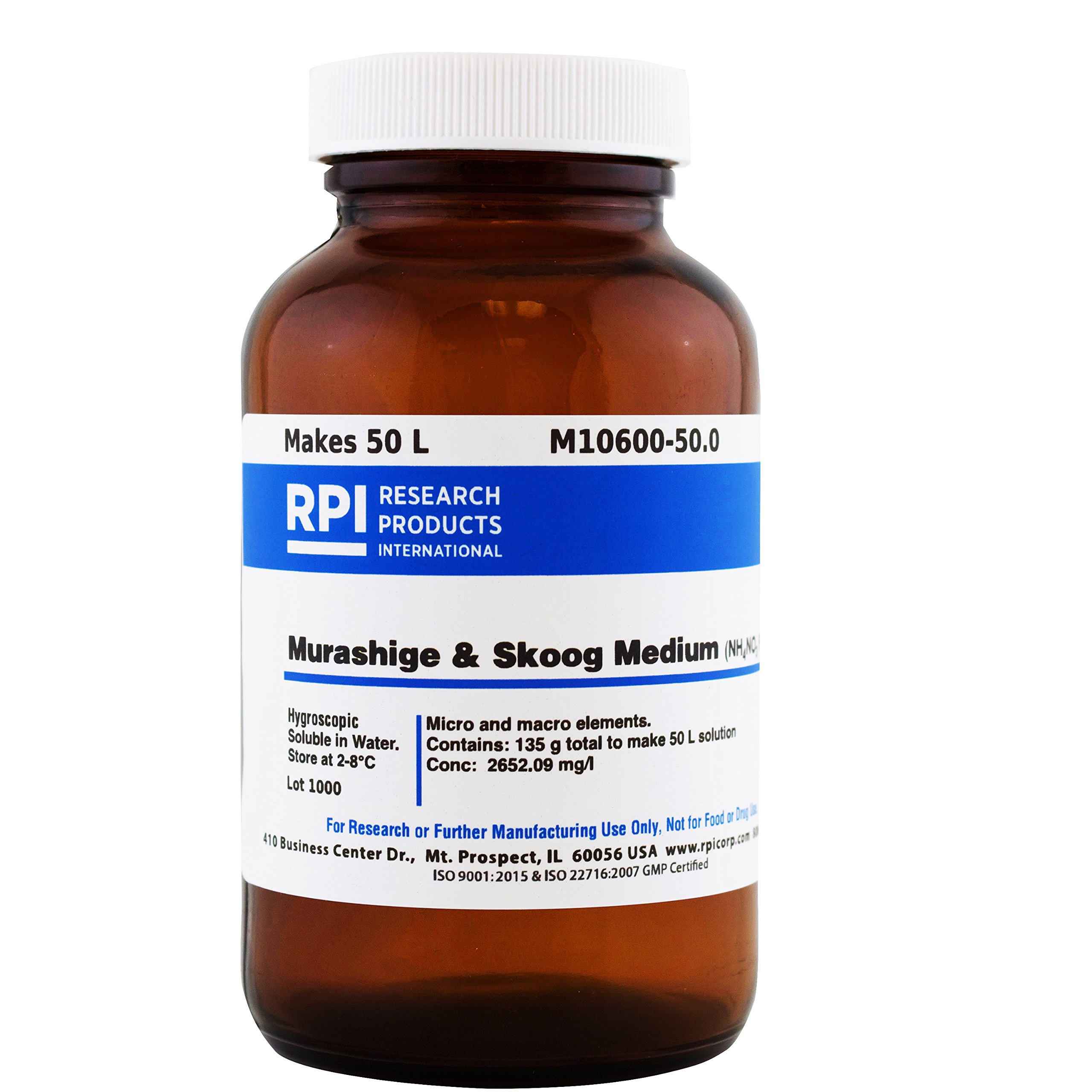 Murashige and Skoog Modified Medium, NH4NO3 Free, 135 Grams of Powder, Makes 50 Liters of Solution