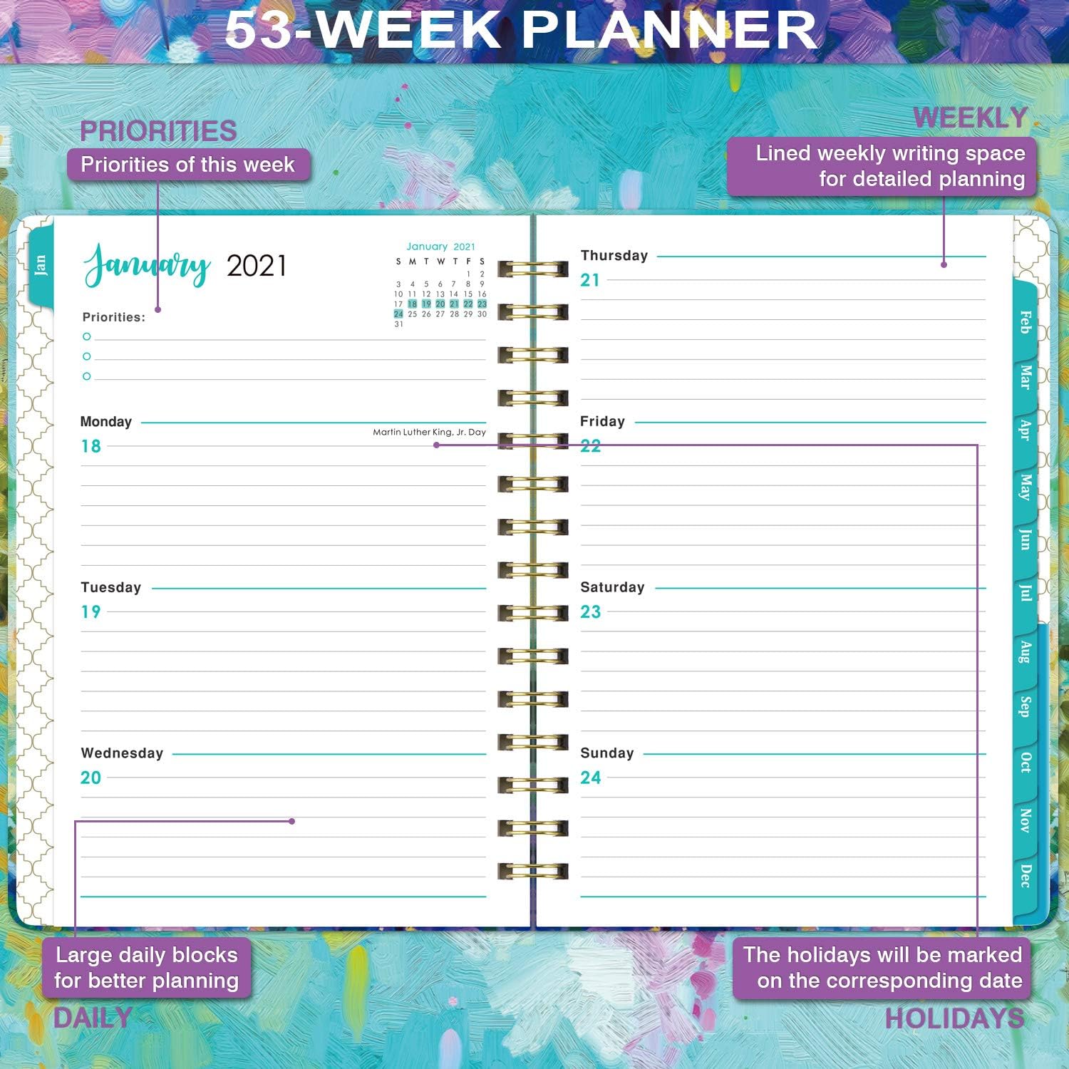 2021 Planner - Weekly & Monthly Planner with Tabs, 6.3" x 8.4", Jan. - Dec. 2021, Hardcover with Back Pocket + Thick Paper + Banded, Twin-Wire Binding - Oil Painting : Office Products