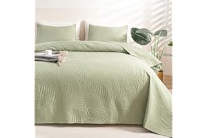 OARAGE Queen Quilt Bedding Set Soft Lightweight Sage Green Bedspread with Leaf Pattern,Ultrasonic Microfiber Bed Coverlet Full Size for All Season (1 Quilt, 2 Shams)