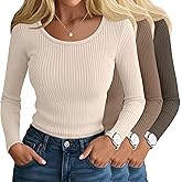 Ficerd 3 Pack Women's Ribbed Long Sleeve Tops Scoop Neck Slim Fit Shirts Cotton Casual Fall Going Out Basic Tee