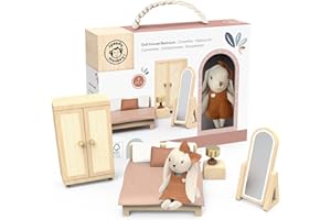 SPEEDY MONKEY Doll House Bedroom Playset – Wooden Playhouse with Bunny Character & Furnitures Set for Kids, Pretend Play Dollhouse and Imaginative Room Décor Storytelling for Toddlers & Preschoolers