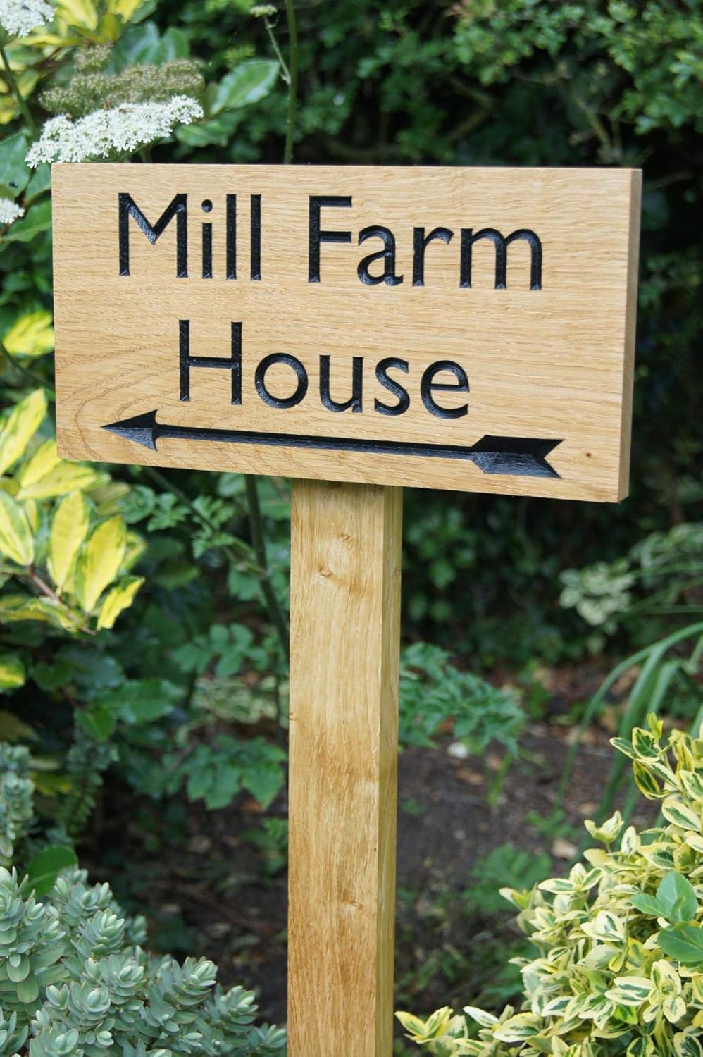 Personalised Oak House Sign 30cm x 15cm with oak post Custom Engraved Carved Wooden Name