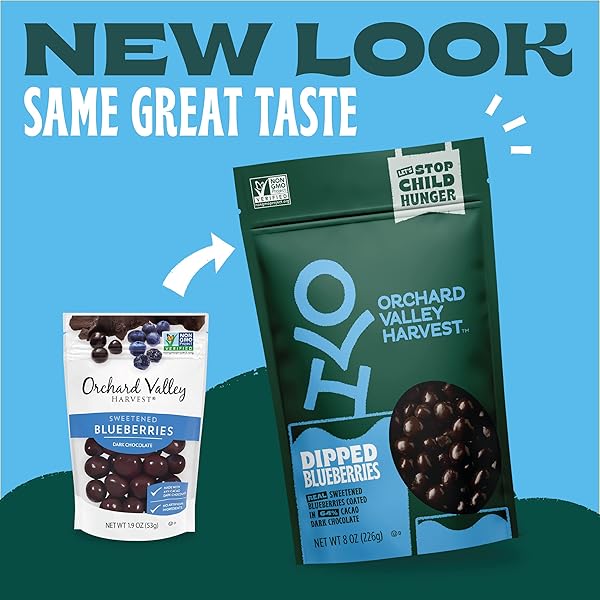 ORCHARD VALLEY HARVEST DARK CHOCOLATE DIPPED BLUEBERRIES, MADE WITH REAL SWEETENED BLUEBERRIES, GLUTEN FREE, NON-GMO, STAND UP BAG, 8 OZ (PACK OF 1), ON-THE-GO SNACK FOR THE WHOLE FAMILY