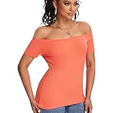ASAIR off Shoulder Short Sleeve Tops for Women Boat Neck T Shirts Ribbed Basic Trendy Stretchy Tshirts
