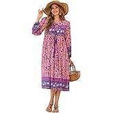 R.Vivimos Women's Long Sleeve Floral Print Retro V Neck Tassel Bohemian Midi Dresses
