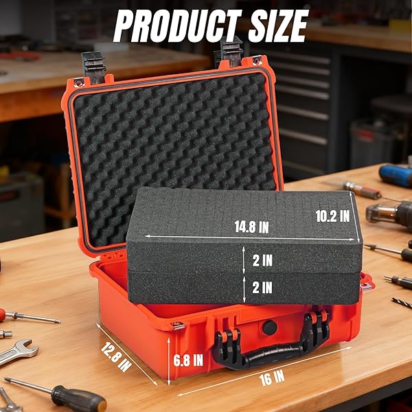JACK BOSS 16X 12.8X 6.8 INCH HARD CASE, PORTABLE WEATHER WATERPROOF PROTECTIVE CAMERA CASE WITH CUSTOMIZABLE FOAM, FIT USE OF DRONES, CAMERA, EQUIPMENTS, ORANGE