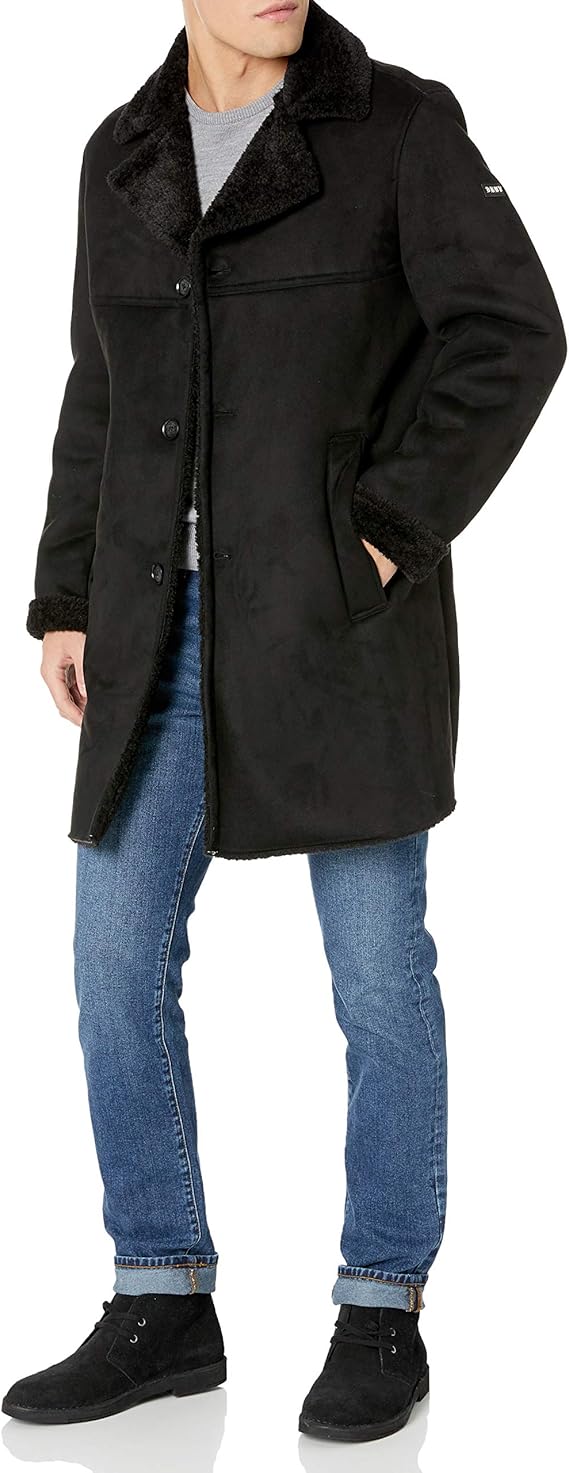 DKNY mens Faux Shearling Walking Coat With Faux Fur Collar at Amazon Men’s Clothing store