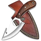 WARIVO KNIFE Fixed Blade Gut Hook Knife, 7-inch Full Tang Field Processing Knife - Wooden Handle, Leather Sheath Included, for Skinning, Hunting, Outdoors
