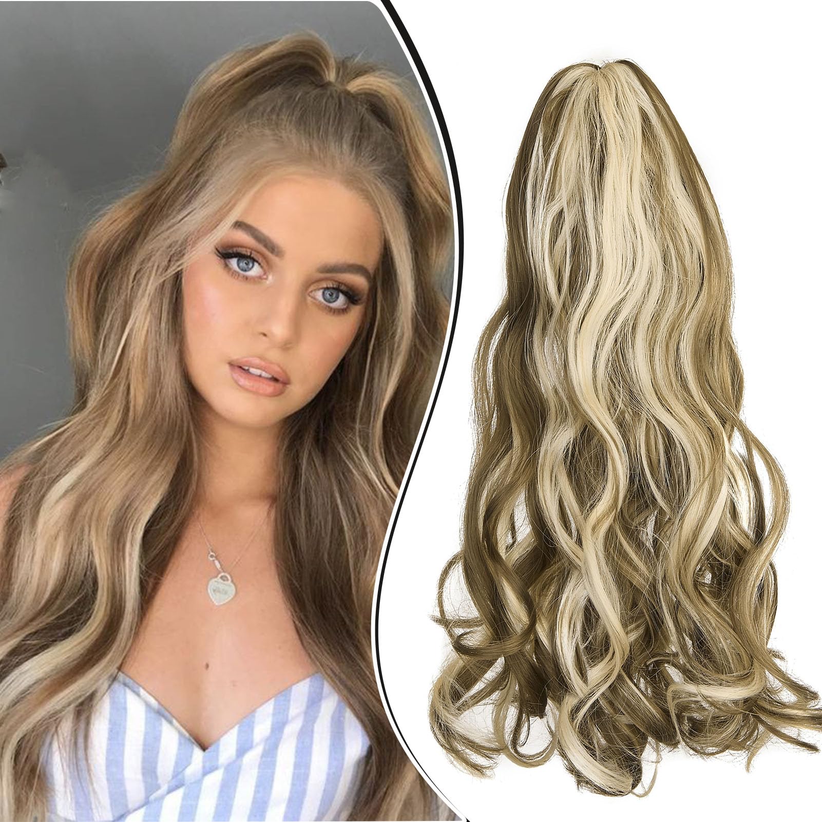 Dcbaboo 18inch Claw Clip in Ponytail Hair Extensions Long Wavy Ponytail Extension Curly Synthetic Pony tails Natural Wave One Piece Hairpiece Fake Ponytail for Women, Golden Brown/Bleach Blonde — image 1