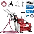 VIVOHOME Airbrush Kit with Professional Air Compressor and 3 Dual Action Airbrush Gun, Gravity and Siphon Feed, Quiet Air Brush Set with Holder, Color Wheel, Cleaning Brush, 2 Cup, Red