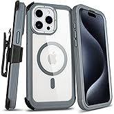 Defender for Clear iPhone 15 Pro Max Case with Belt Clip Holster, Compatible with MagSafe, Anti-Yellowing, Full-Body Phone Cover for iPhone 15 Pro Max Case (Clear & Grey)