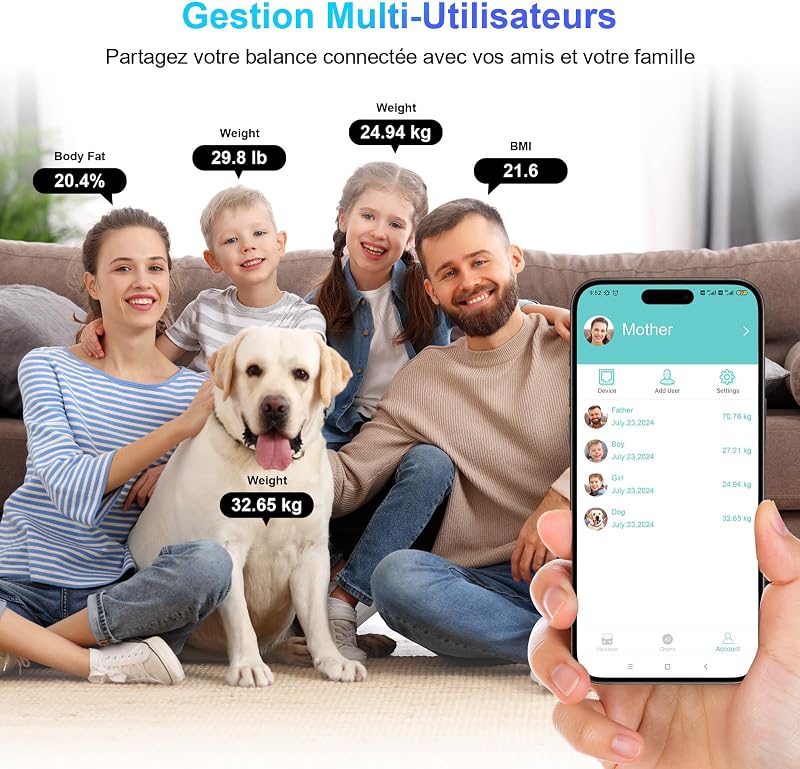 Pèse Personne Numériques, Balance Connectée Bluetooth Impédancemètre avec 13 Données Corporelles (BMI/Graisse Corporelle/Masse Osseuse/BMR/Muscle/Eau) pour APP Max 180kg