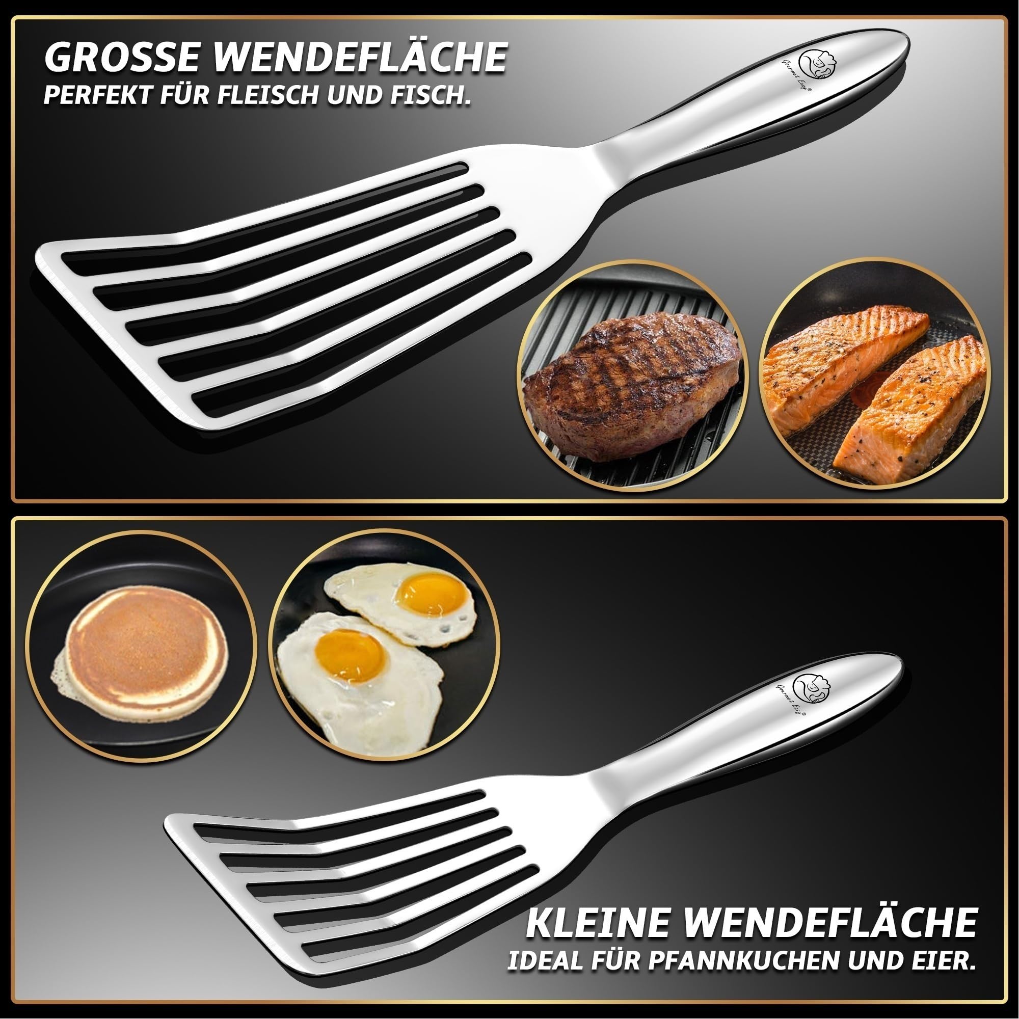Pfannenwender Set aus rostfreiem Edelstahl für Fisch & Fleisch - Kleiner & Großer Pfannkuchenwender - Pfannenwender Edelstahl - Küchenhelfer 5 Jahre Ersatz 3