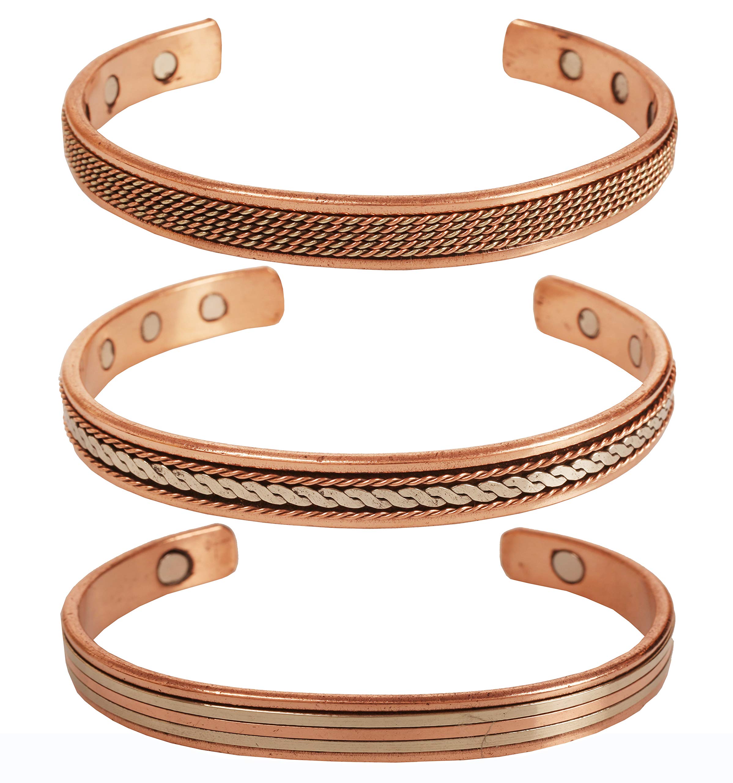 Touchstone copper magnetic bracelet tibetan style. hand forged with solid and high gauge pure copper. set of 3 different designs in curved wire braided style.