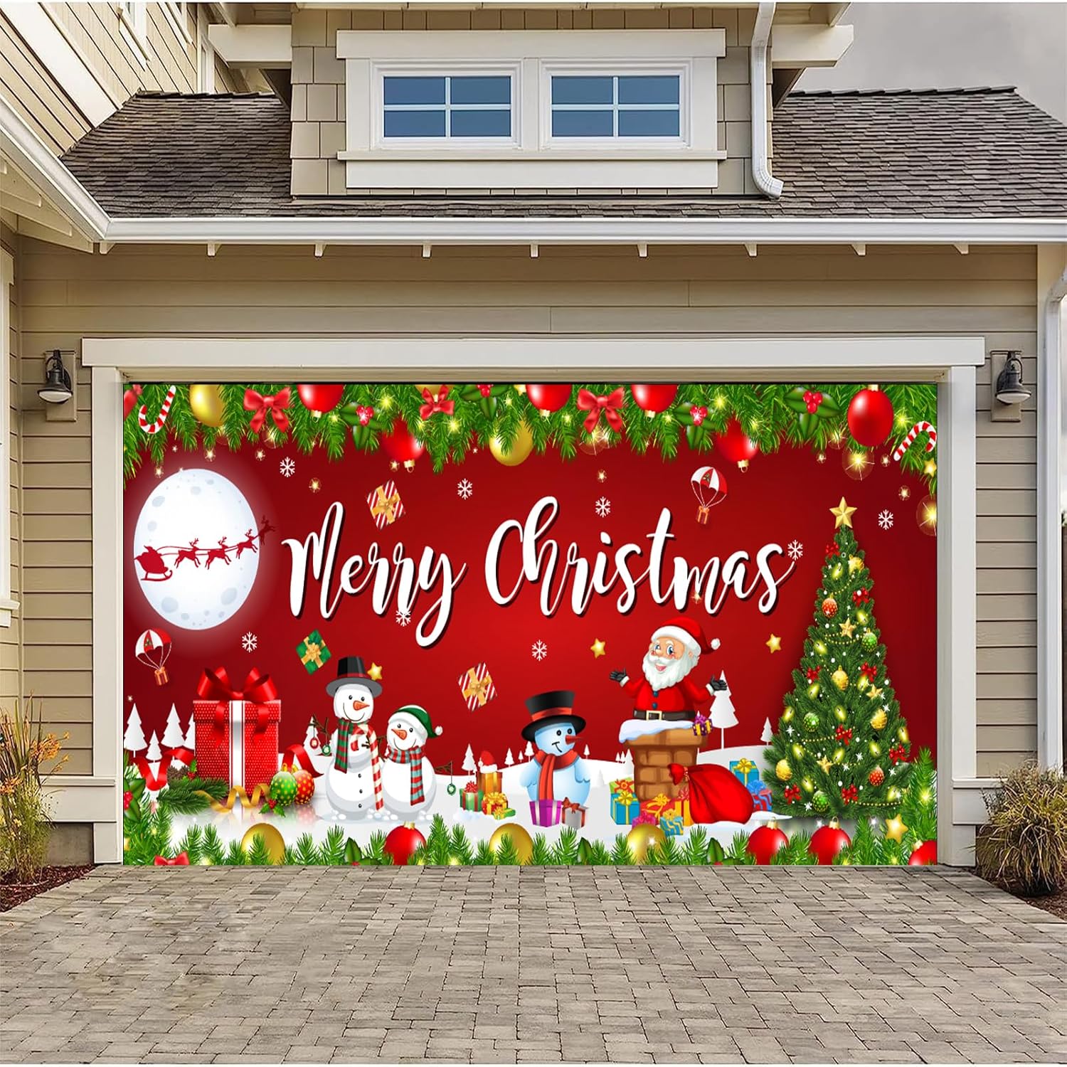 Garage Door Decorations - WES TAYIN 6 x 13 ft Merry Christmas Garage Door Decorations, Christmas Holiday Garage Door Banner Décor Sign,Door Decoration Garage Door Mural