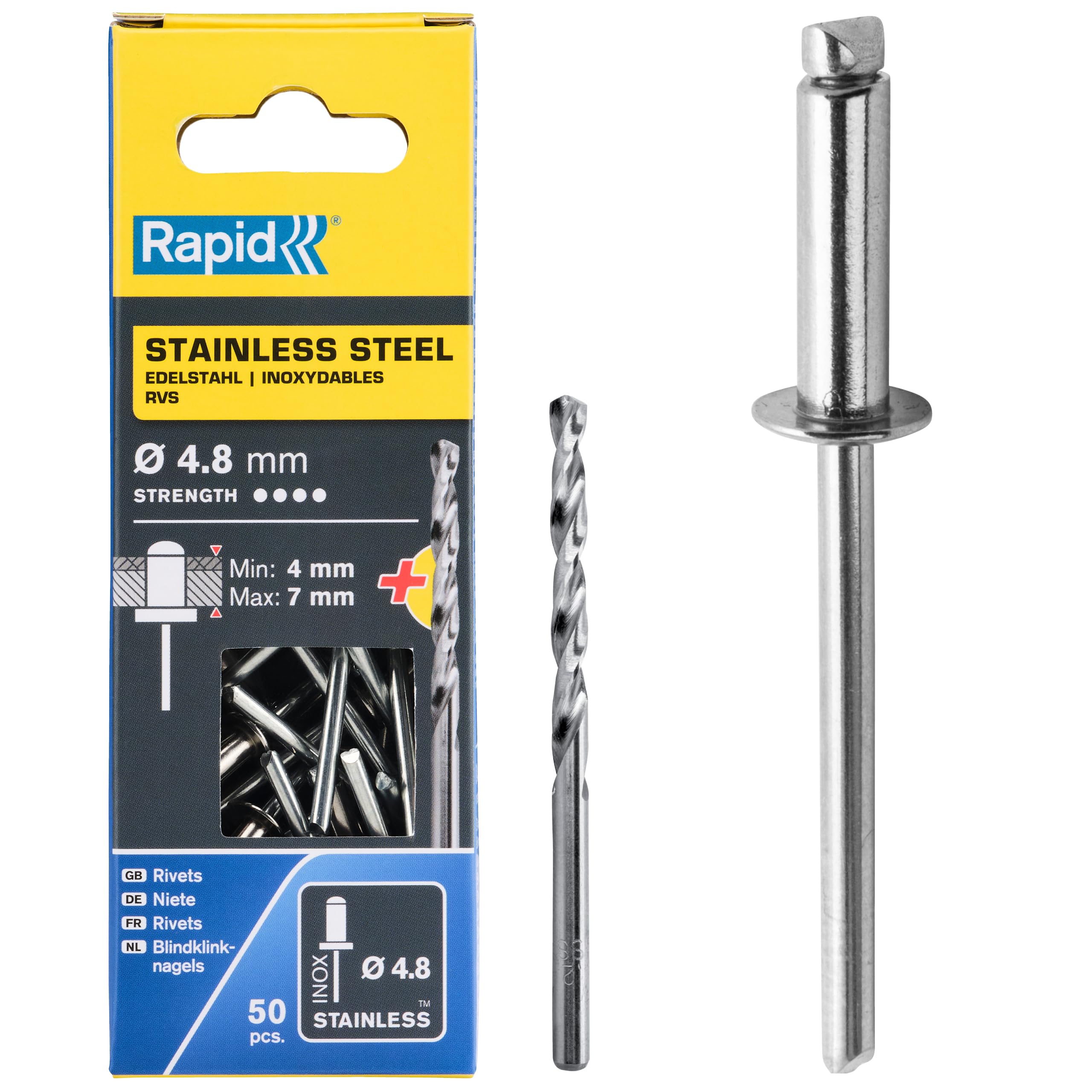 Rapid Rivets Stainless Steel Including Drill Bit, 4.8 x 10 mm, 5000396 - 50 Pieces
